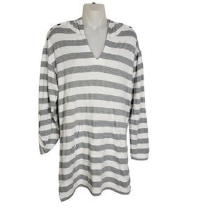 Beach Break Womens Tunic Top Cover Up Medium Gray Striped Long Tab Sleeve Pocket